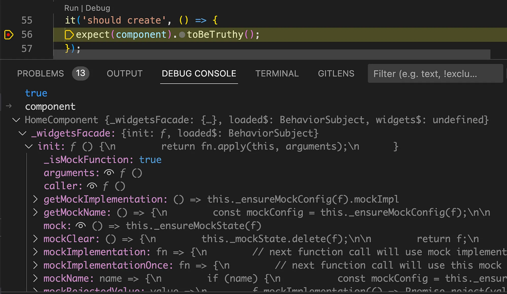 FacadeMock is provided to HomeComponent as the WidgetsFacade